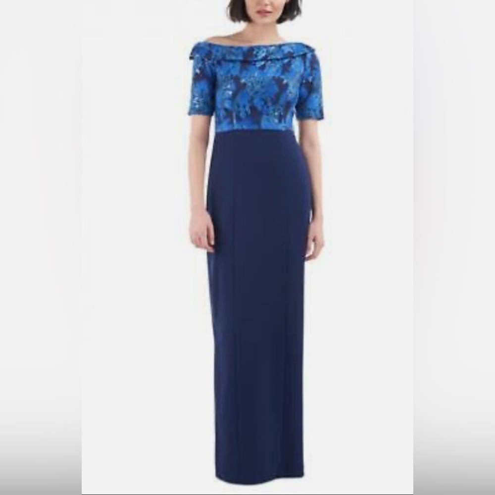 NWT J S Collections Size 12 Floral Off the Shoulder Sequin‎ Maxi Dress Navy